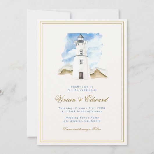 Invitation Mariage côtier nautique du phare d'aquarelle (Devant)