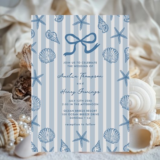 Invitation Mariage côtier rayé bleu coquillage