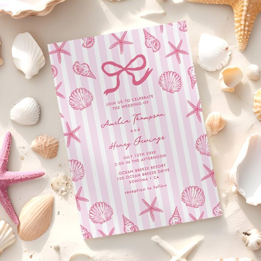 Invitation Mariage côtier rayé rose coquillage