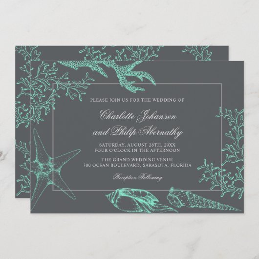 Invitation Mariage côtier vert et gris (Devant / Derrière)