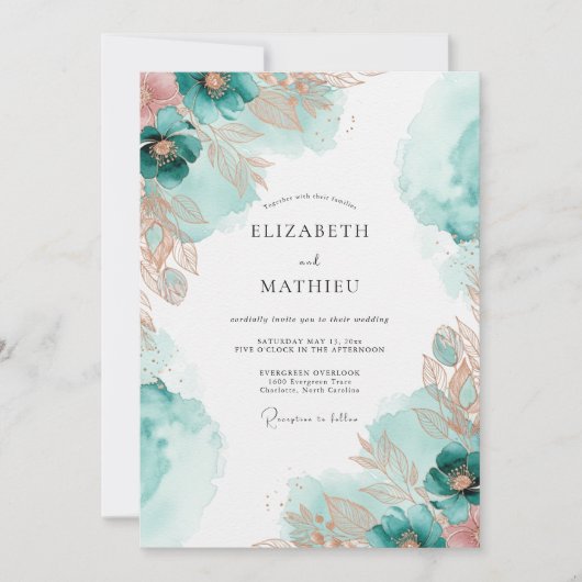 Invitation Mariage Côtiers Éthérés Cuivre Sarcelle (Devant)