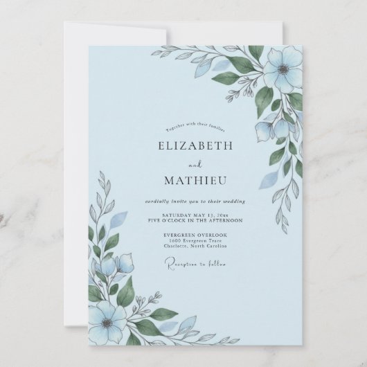 Invitation Mariage Cottagecore Bleuet Feuillage (Devant)
