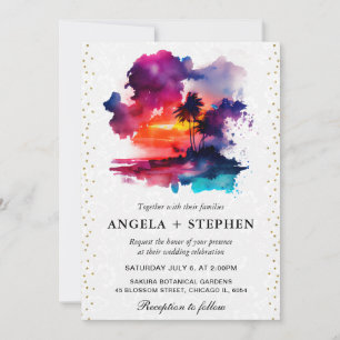 Invitation Mariage coucher de soleil île tropicale aquarelle