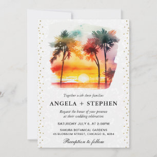 Invitation Mariage coucher de soleil tropical île aquarelle