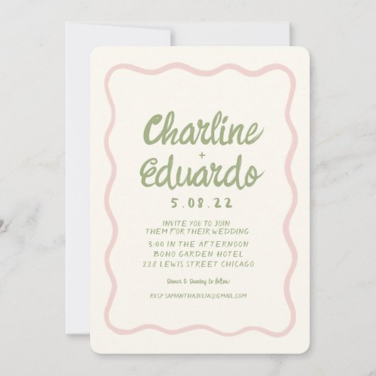 Invitation Mariage couleur vert clair Wavy par écriture (Devant)