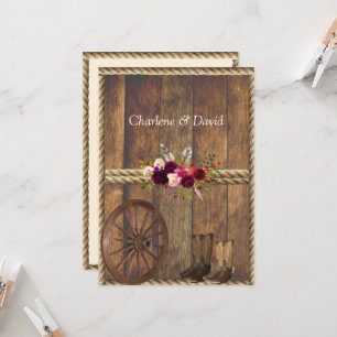 Invitation Mariage Country Western Roses Rouges Plumes Corde 