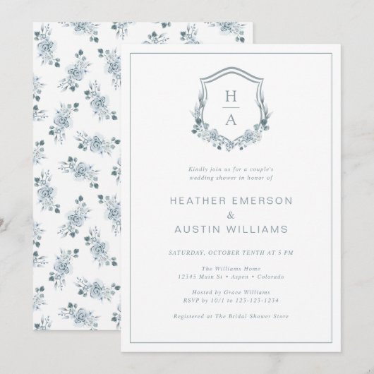 Invitation Mariage Couple Fleur Bleu Shower (Devant / Derrière)