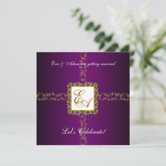 Invitation Mariage Couples Douche Feuille d'or vio (Debout devant)