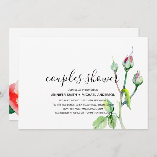 Invitation Mariage COUPLES PLUIE DE FLEURS Aquarelle Roses Ma (Devant / Derrière)