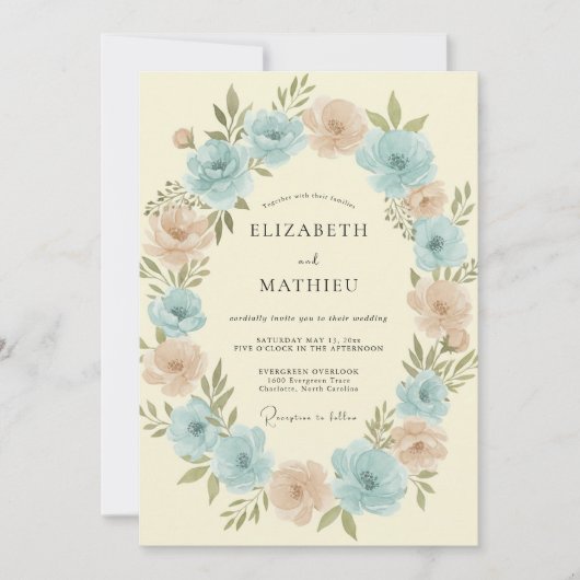 Invitation Mariage Couronne Aqua Clair et Pêche (Devant)