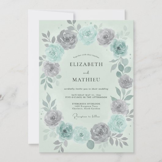 Invitation Mariage Couronne Argentée Menthe (Devant)