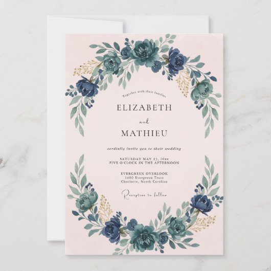 Invitation Mariage Couronne Bleue Rosée (Devant)