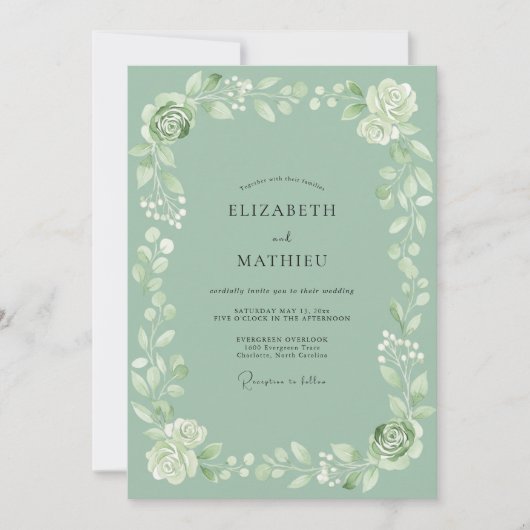 Invitation Mariage Couronne de Fleurs Vert Sauge (Devant)