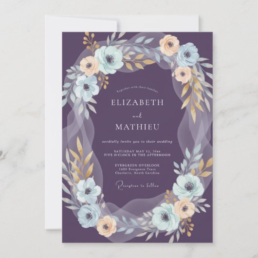 Invitation Mariage Couronne de Pêches Violet Foncé (Devant)