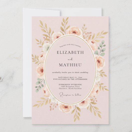 Invitation Mariage Couronne de Rose Doré (Devant)
