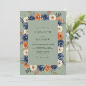 Invitation Mariage Couronne de Roses Orange Navy (Debout devant)