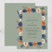 Invitation Mariage Couronne de Roses Orange Navy (Devant / Derrière)