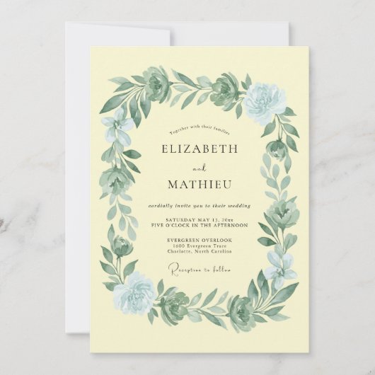 Invitation Mariage Couronne de Verdure Bleu Pâle (Devant)