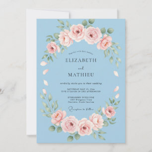 Invitation Mariage Couronne Fleurie Bleu Ciel