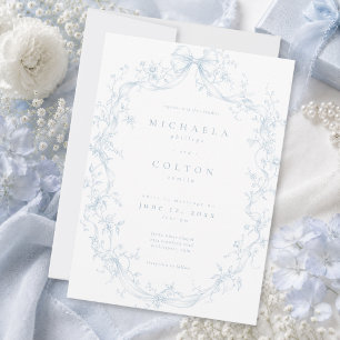 Invitation Mariage Couronne Florale Bleu Poussiéreux Vintage