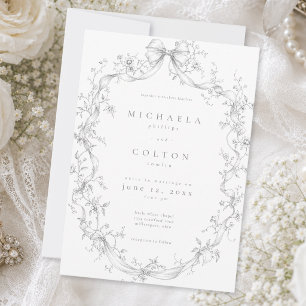 Invitation Mariage Couronne Florale Grise Noire Classique Vin