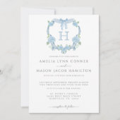 Invitation Mariage Couronne Florale Hydrangea Bleu Monogramme (Devant)
