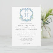 Invitation Mariage Couronne Florale Hydrangea Bleu Monogramme (Debout devant)