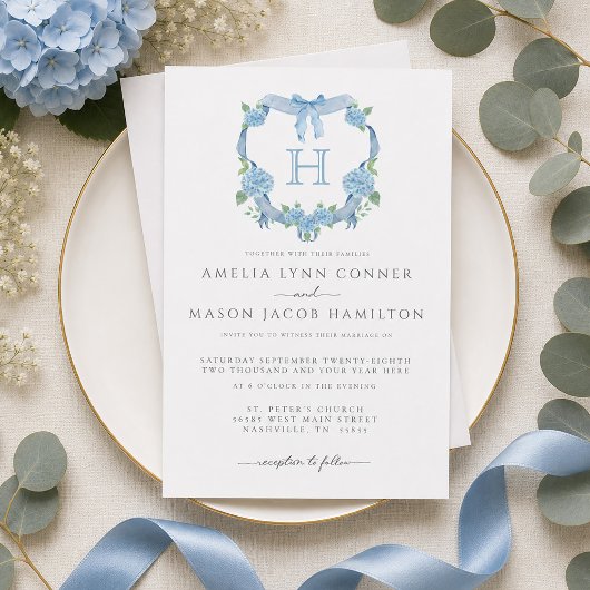 Invitation Mariage Couronne Florale Hydrangea Bleu Monogramme