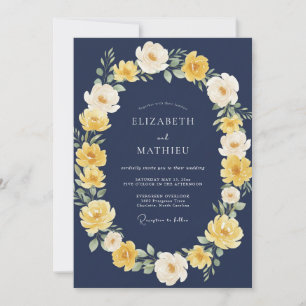 Invitation Mariage Couronne Florale Jaune Navy