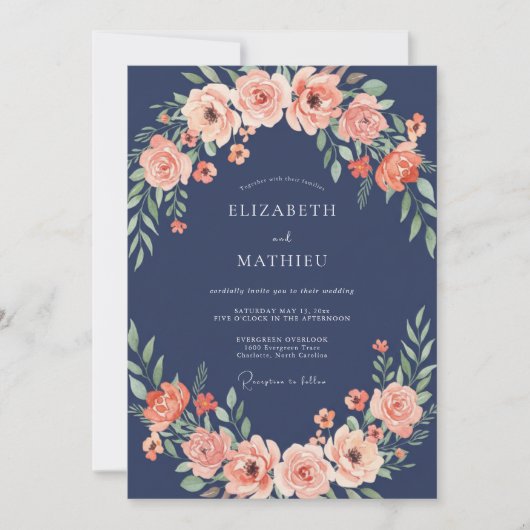 Invitation Mariage Couronne Florale Navy Blush (Devant)