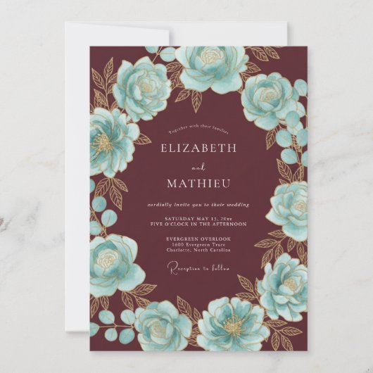 Invitation Mariage Couronne Florale Sarcelle Bourgogne (Devant)