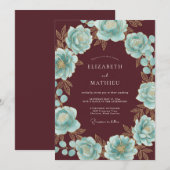 Invitation Mariage Couronne Florale Sarcelle Bourgogne (Devant / Derrière)