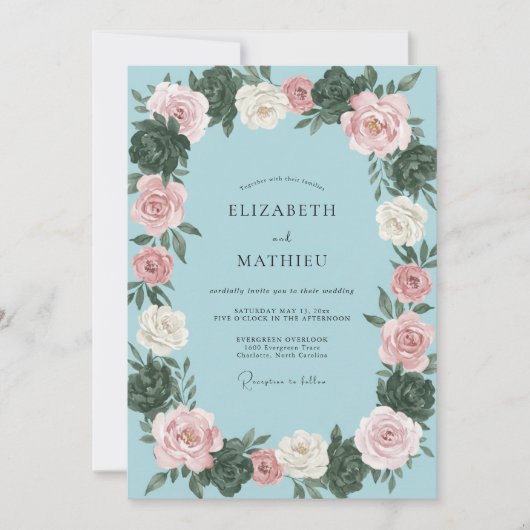 Invitation Mariage Couronne Rose Ciel (Devant)