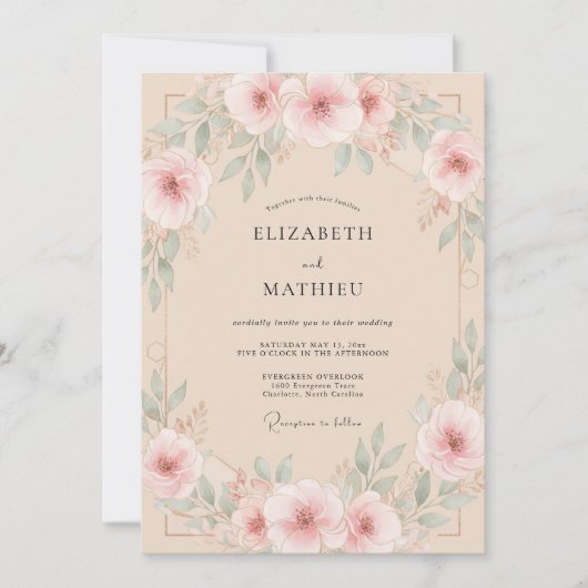 Invitation Mariage Couronne Rose Crème (Devant)