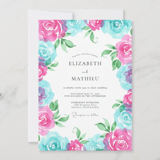 Invitation Mariage Couronne Turquoise Magenta (Devant)