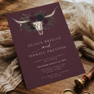 Invitation Mariage crâne de Longhorn Burgundy Moody occidenta