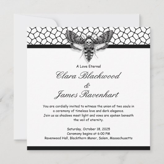 Invitation Mariage Crâne de Papillon de Nuit Gothique – Noir (Devant)