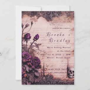 Invitation Mariage crâne gothique violet poussiéreux