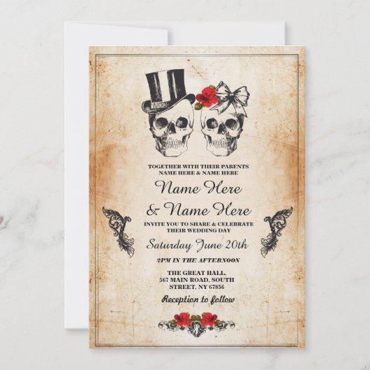 Invitation Mariage crâne Halloween sucre gothique Floral Invi (Devant)