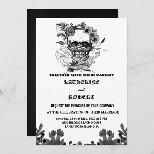 Invitation Mariage crâne Halloween Sugar gothique Floral Invi (Devant / Derrière)