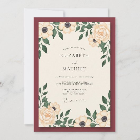 Invitation Mariage Crème Anémone Bordeaux (Devant)
