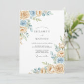 Invitation Mariage Crème Bleu Éthéré Fleur (Debout devant)