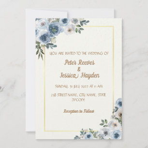 Invitation Mariage crème, bordure or et fleurs bleues