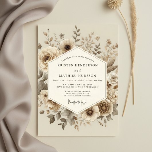 Invitation Mariage Crème Botanique en Forêt