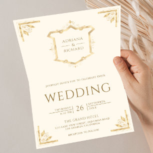 Invitation Mariage Crème Code QR Couronne Dorée Vintage