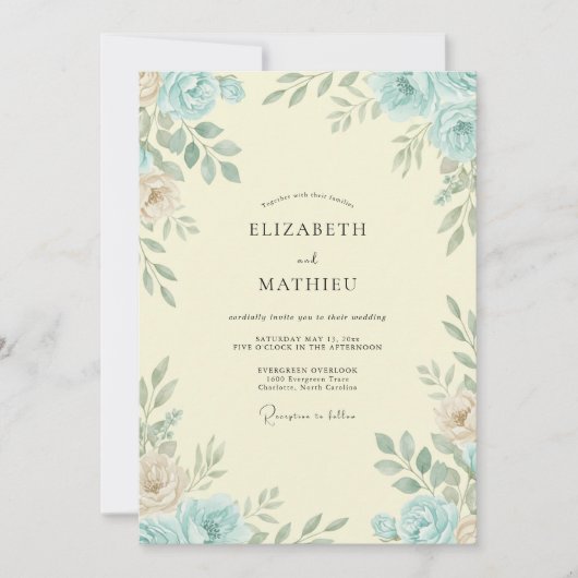 Invitation Mariage Crème d'Ivoire Azur Feuillu (Devant)