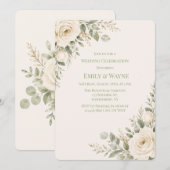 Invitation Mariage Crème et Vert Sauge avec Feuillage (Devant / Derrière)