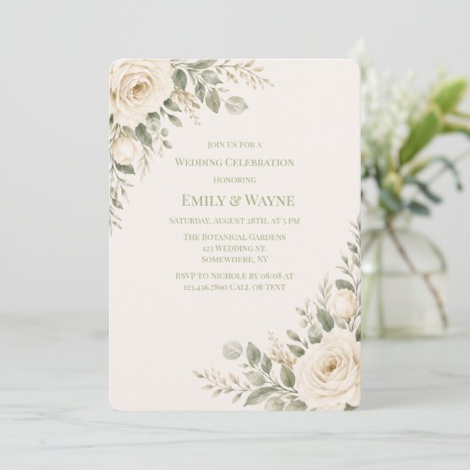 Invitation Mariage Crème et Vert Sauge avec Feuillage (Debout devant)