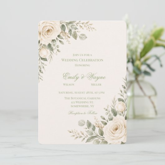 Invitation Mariage Crème et Vert Sauge avec Feuillage (Debout devant)