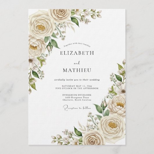 Invitation Mariage Crème Éthérée Fleurie (Devant)